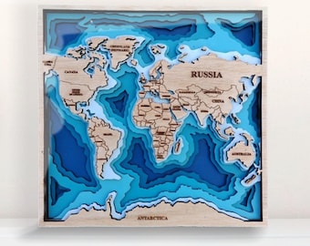 Digital Square 3D Map of the World, 6 Layer Panel, Laser Cut File