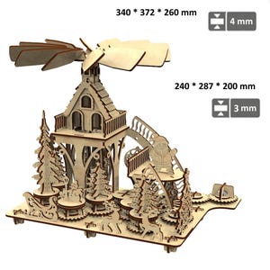 Mechanical Wooden Christmas Village laser cut file, Mechanical  Christmas pyramid, Village Scenery, Christmas decoration, Christmas Carousel