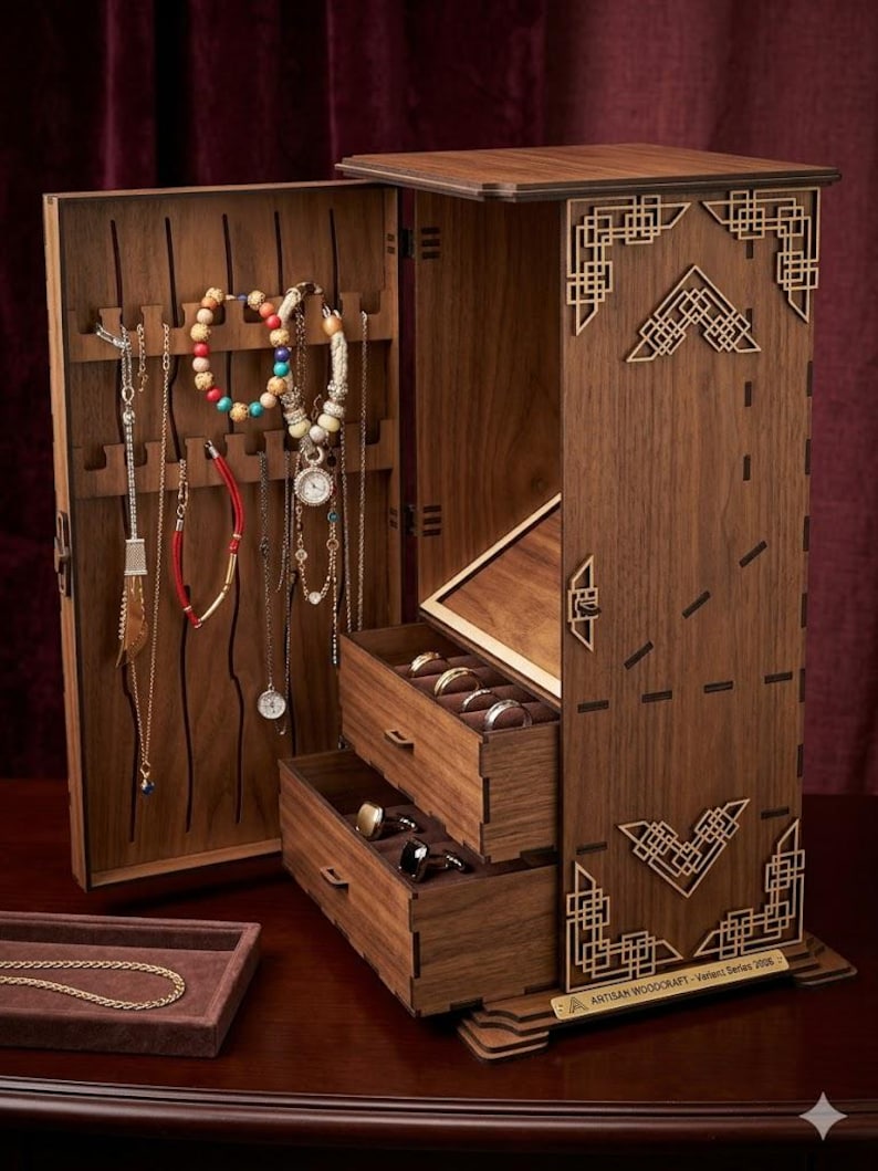 May include: A wooden jewelry armoire with a hinged door and two drawers. The armoire is made of dark wood and features decorative geometric cutouts. Various necklaces and bracelets hang inside. A small tray with a gold necklace is in front.