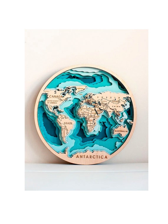 6 layer 3D map of the world, multi -layer panel,laser cut file. 3D Wood World Map Antistress coloring, 6 layers. 260 mm, Bonus: panel-clock