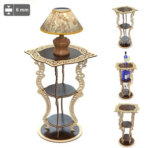 May include: A decorative wooden side table with three tiers and an ornate design. The table has a dark brown top and shelves, with a light brown, laser-cut frame. A lamp with a patterned lampshade sits on top. The table is 6 mm thick.