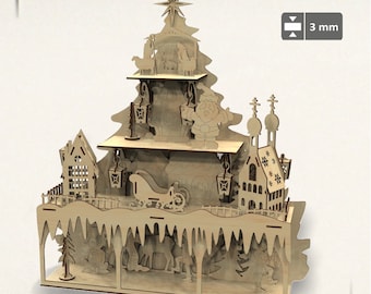 May include: A wooden Christmas village scene with a star-topped tree, a Santa Claus figure, a sleigh, and a church. The scene is 3 mm thick and is designed to be assembled.