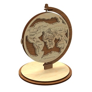 May include: A wooden globe with a world map carved into the surface. The globe is mounted on a wooden stand with a base.