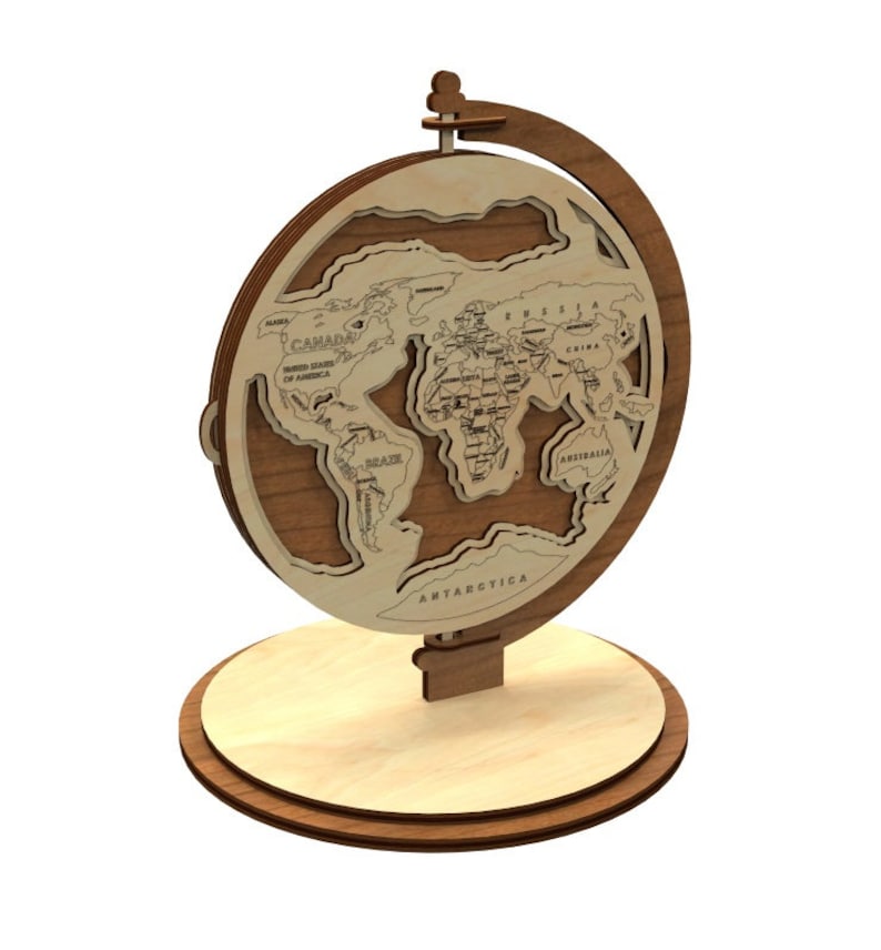 May include: A wooden globe with a world map carved into the surface. The globe is mounted on a wooden stand with a base.