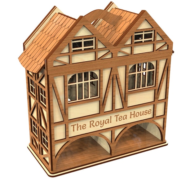 Double tea house in the style fachwerk laser cutting Tea bag holder svg, tea bag storage dxf,house box dxf, Tea House half-timbered house S3