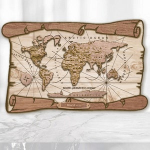 Mappa del mondo vintage a 3 strati Pannello mappa multistrato Mappa vintage 3D, pannello multistrato, file tagliato al laser. Colorazione antistress della mappa del mondo in legno 3D