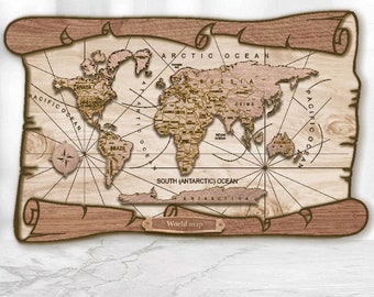 3 layer vintage world map Multilayer map panel 3d vintage map, multi -layer panel,laser cut file. 3D Wood World Map Antistress coloring