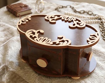 Small Wooden desk Jewelry Box with Drawer,laser cut files, svg file,  jewelry case, Wedding Love gift,Laser cut vector model