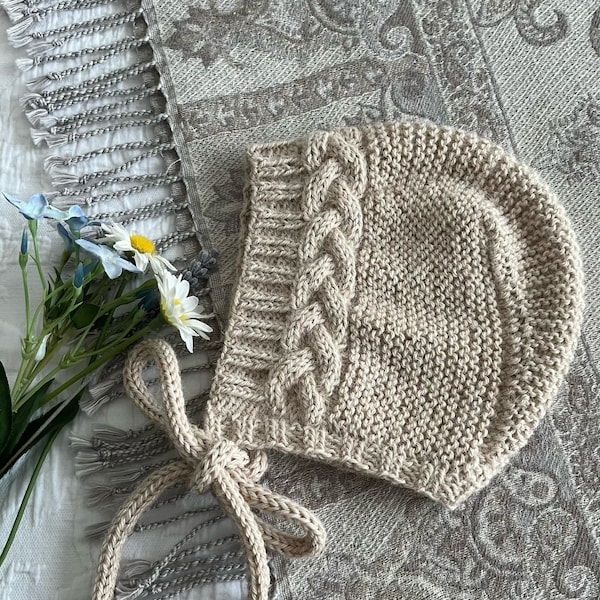 Baby cable pixie bonnet- Latte pixie alpaca  bonnet -Newborn alpaca bonnet - Hand knitted alpaca bonnet 0-3 months -Patterned baby bonnet