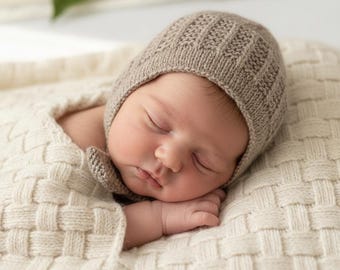 Hand Knitted Alpaca Wool Baby Bonnet: Brown Newborn Hat (0-3 Months)