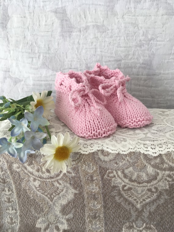Hand Knitted Cotton Baby Booties: Pink Christening Gift