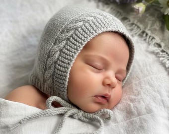 Hand Knitted Alpaca Baby Bonnet: Grey Wool, Lacy Knit, 6-9 months