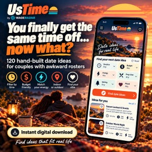 May include: A smartphone displays the UsTime app interface featuring date planning tools, filters for duration, budget, energy, and mood, alongside text stating 120 hand-built date ideas for couples with awkward rosters and instant digital download.