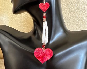 Red acrylic hearts and Dentillium earrings