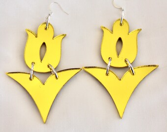 Gold Tulip mirrored earrings.