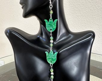 Green Tulip pearlescent glitter acrylic earrings.