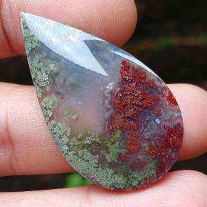 Può includere: Una pietra preziosa lucidata a forma di goccia con una base traslucida bianco latte e distinte inclusioni simili a muschio in tonalità di verde bosco profondo e rosso vibrante e strutturato, con una superficie liscia e riflettente.