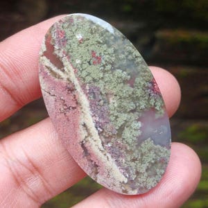May include: An oval-shaped polished gemstone cabochon featuring a translucent base with intricate moss-like dendritic inclusions in shades of sage green, deep burgundy, and creamy white, displaying a natural branching pattern across the surface.
