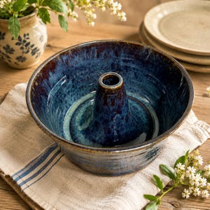May include: A round ceramic bundt pan featuring a deep blue and dark brown reactive glaze with a glossy finish. The baking dish has a central hollow cone and a wide, circular rim, showcasing a mottled, multi-tonal color pattern throughout.