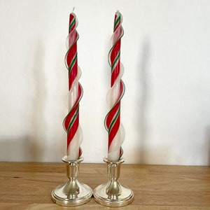 Handmade Holiday Candy Cane Double Flair Taper 100% Beeswax 12&quot; Set of Two