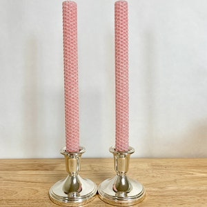 Hand rolled Honeycomb Beeswax Glitter Taper Candles Pink Set of two image 5