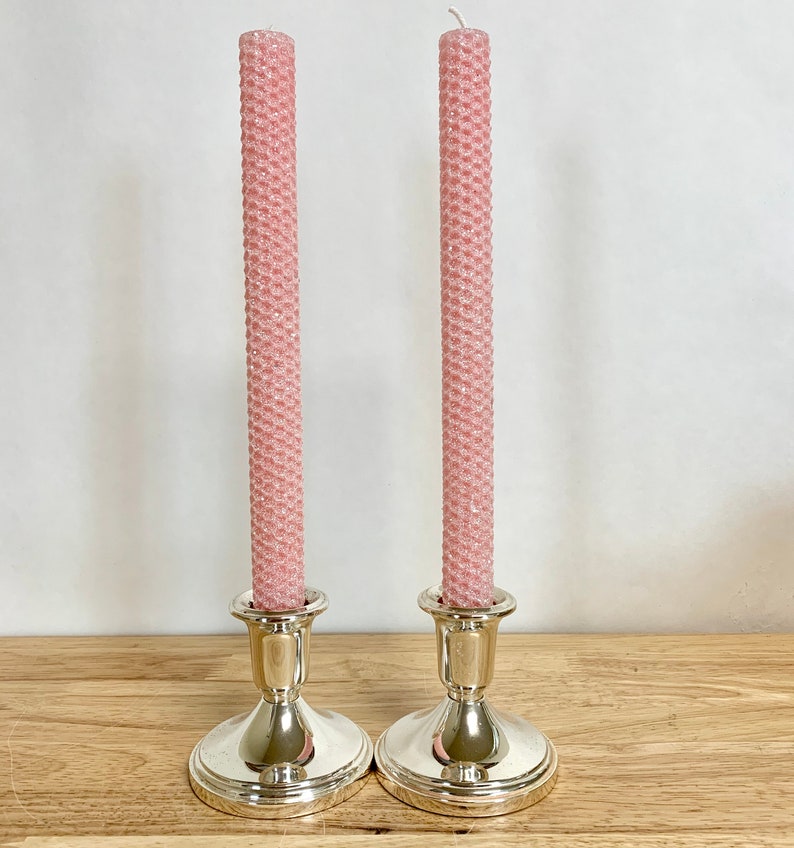 Hand rolled Honeycomb Beeswax Glitter Taper Candles Pink Set of two image 5
