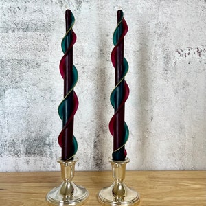 Handmade Double Flair Forest Green and Wine Taper 100% Beeswax 12&quot;. Set of Two