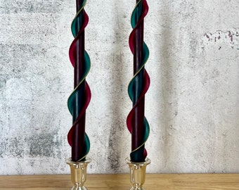 Handmade Double Flare Forest Green and Wine Taper 100% Beeswax 12". Set of Two