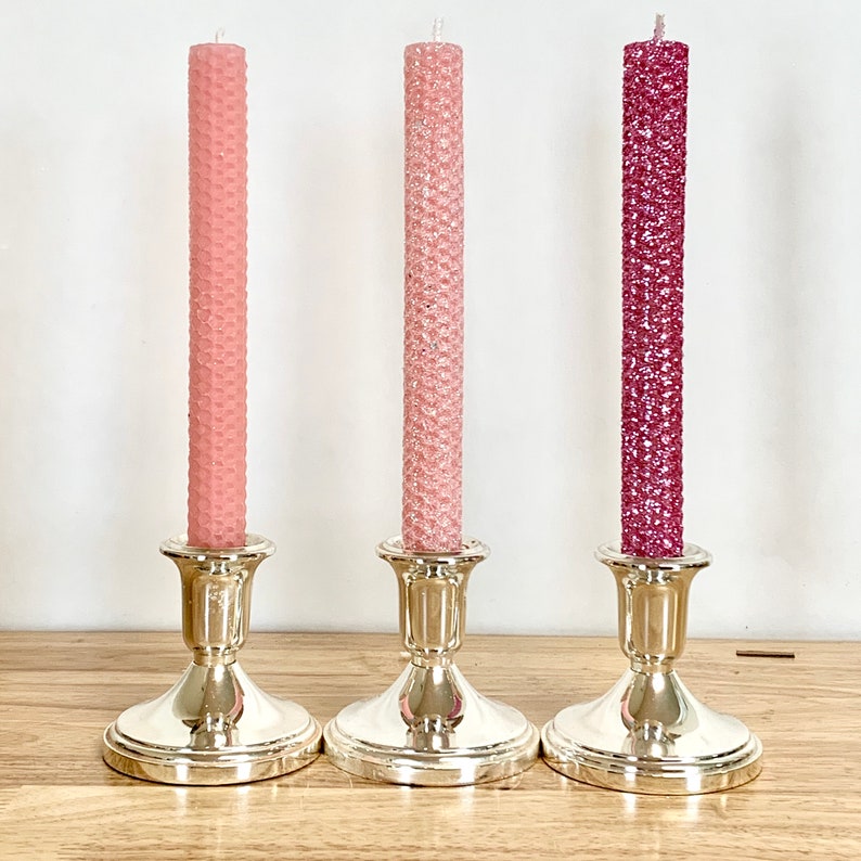 Hand rolled Honeycomb Beeswax Glitter Taper Candles Pink Set of two image 1