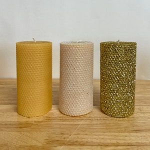 Hand rolled Honeycomb Beeswax Glitter Pillar Candle- Luminous Collection- Gold