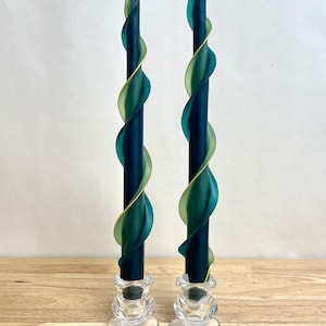 Handmade Green and Forest Green Double Flair Taper 100% Beeswax 12" Set of Two