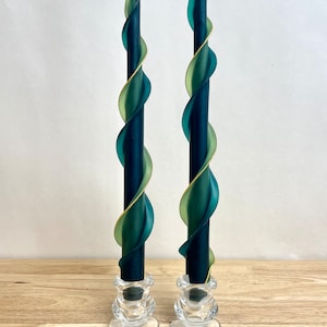 Handmade Dark Green and Green Double Flare Taper 100% Beeswax 12" Set of Two