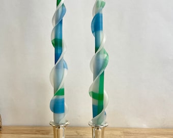 Handmade Double Flair Blue and Green Plaid Tapers 12". Set of Two