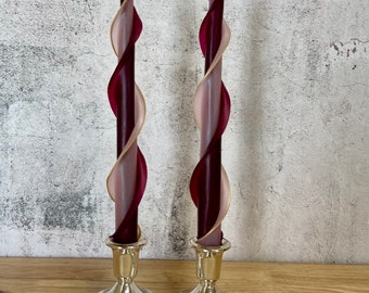 Handmade Double Flare Wine and Pink Taper 100% Beeswax 12". Set of Two