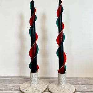 Handmade Forest Green and Red Double Flair Taper 100% Beeswax 12&quot; Set of Two