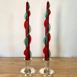 Handmade Holiday Red and Green Double Flair Taper 100% Beeswax 12&quot; Set of Two