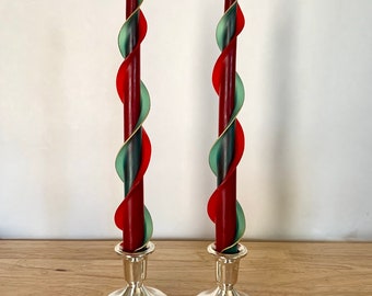 Handmade Holiday Red and Green Double Flare Taper 100% Beeswax 12" Set of Two