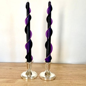 Handmade Holiday Purple and Black Double Flare Taper 100% Beeswax 12". Set of Two
