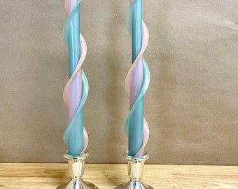 Handmade Aqua and Pink Double Flare Taper 100% Beeswax 12" Set of Two