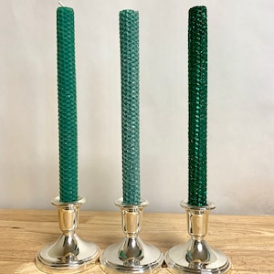 Hand rolled Honeycomb Beeswax Glitter Taper Candles - Green Set of TWO