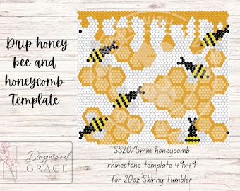 May include: A template for a 20-ounce skinny tumbler featuring a honeycomb pattern with dripping honey and bees. The template is designed for 20mm rhinestones and measures 49x49.