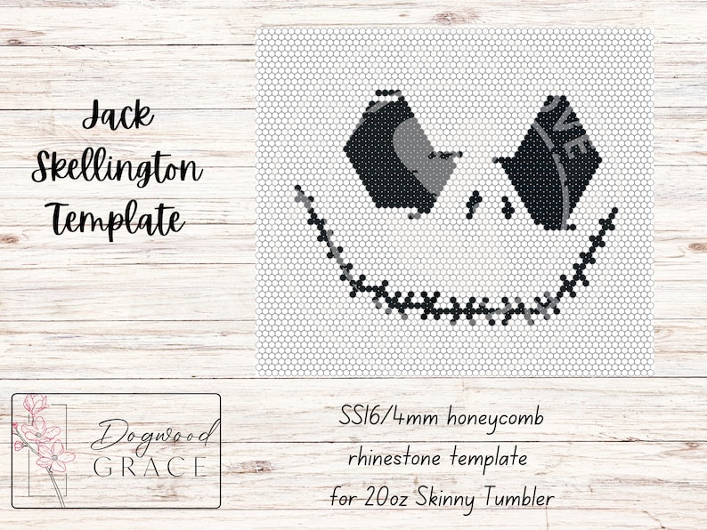 May include: Black and white rhinestone template for a 20 ounce skinny tumbler featuring Jack Skellington's face. The template is designed for 4mm honeycomb rhinestones.  SS16/4mm honeycomb rhinestone template for 20oz Skinny Tumbler.