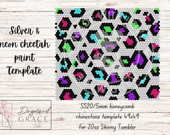 Silver & Neon Cheetah | Tumbler Template | SS 20Rhinestones | 5mm Rhinestones | Hexagon | 20oz Skinny Tumbler | Sublimation | Digital