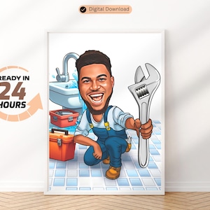 Peut inclure: Illustration encadrée d'un plombier souriant tenant une clé à molette. Le plombier porte une salopette bleue et une chemise blanche. Un évier, une boîte à outils et le texte "READY IN 24 HOURS" sont également visibles. Téléchargement numérique.
