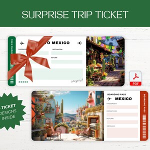Printable Surprise Travel Ticket to MEXICO, Editable Vacation Reveal Gift Card, Customizable Holiday Announcement Ticket, Instant Download