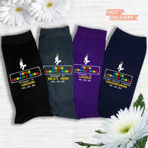 Custom Printed Super Groom Bros Wedding Socks for the Groom Personalized Socks with Wedding Role and Date Mario Inspired Groomsmen Socks