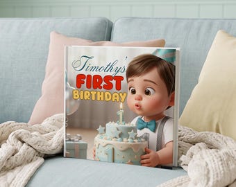 May include: A square photo book cover featuring a cartoon illustration of a child with brown hair wearing a blue bow tie and party hat, blowing out a candle on a light blue birthday cake with the text Timothy's FIRST BIRTHDAY printed in blue, red, and yellow.