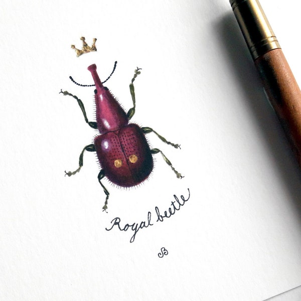 Beetle print, fantasy beetle, royal beetle, purple beetle, giclée print, crowned beetle, watercolor painting, calligraphy, entomology, black