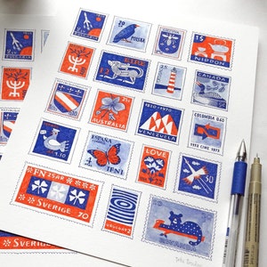 Vintage Stempel,Stempel Illustration,Sammlung von Briefmarken,Giclée Druck,orange,blau,Fineliner,Aquarell,Aquarell,Wandkunst,Joke Boudens,Kunst