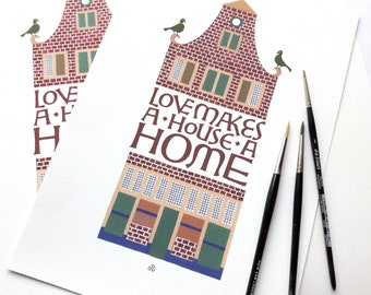House Print,housewarming gift,home quote,new home gift,art print,Joke Boudens,house illustration,gouache,gouache print,lettering,handmade